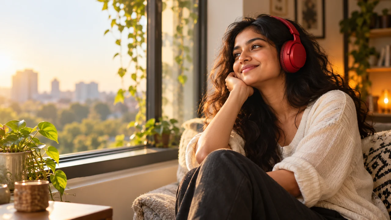 AI-created illustration of a woman enjoying music with red headphones by a sunlit window.