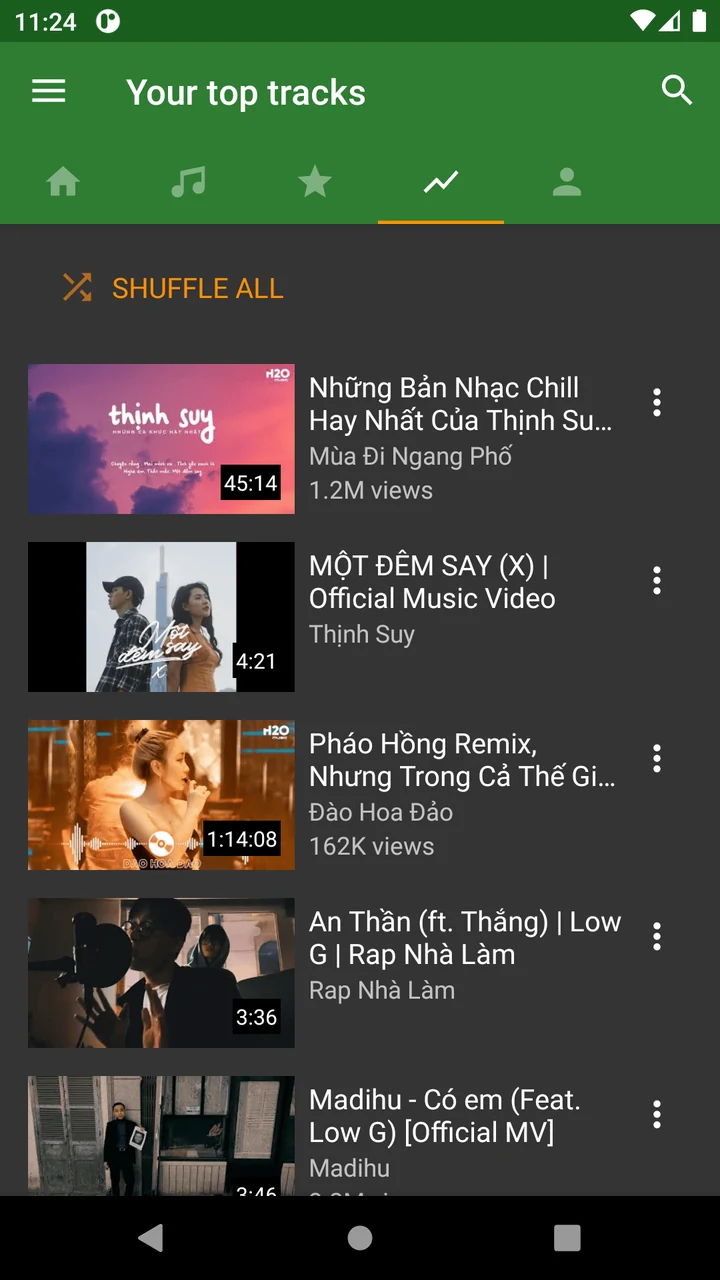 YMusic developer preview showing Your top tracks, category tabs, a search icon, Shuffle all and a list of video thumbnails.